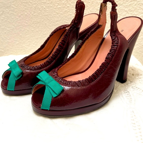 Marc Jacobs, Peep Toes, Slingback Heels, With Green Grosgrain Bows - Picture 9 of 10
